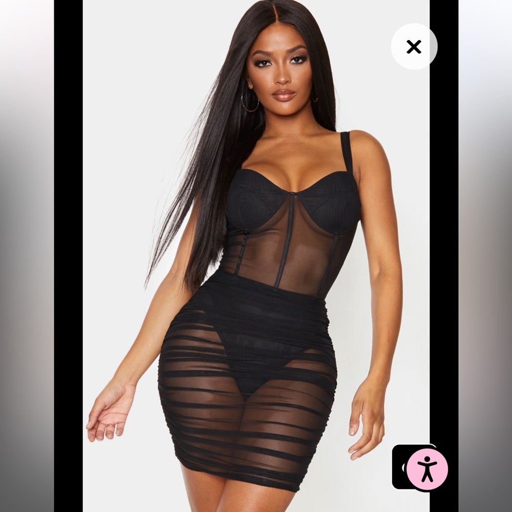 PLT Shape Black Mesh Binding Cup Detail Bodycon Dress
